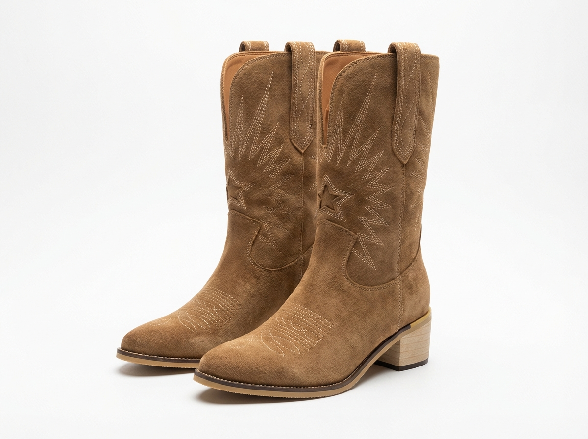 Santiag mi-haute marron clair PU Femme - Broderies western, effet daim