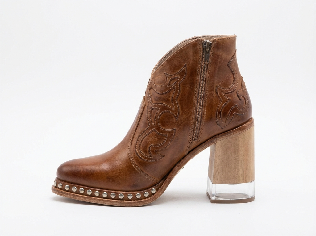 Santiag basse marron clair Simili Cuir Femme - Clous décoratifs