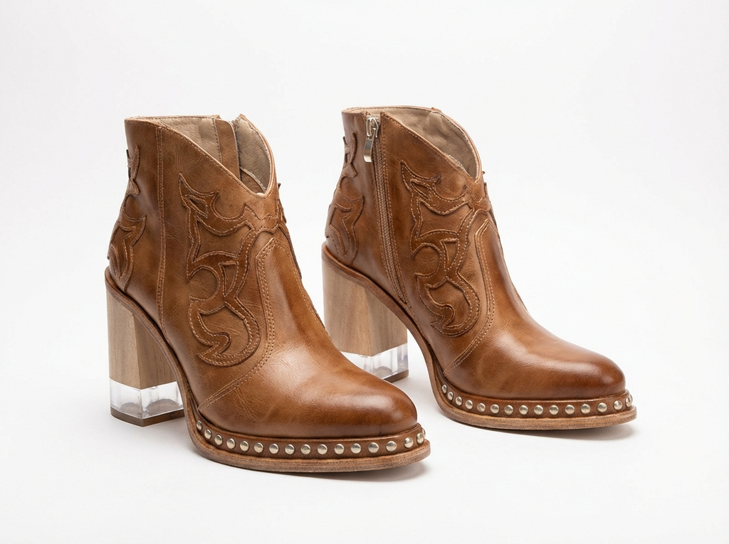 Santiag basse marron clair Simili Cuir Femme - Clous décoratifs