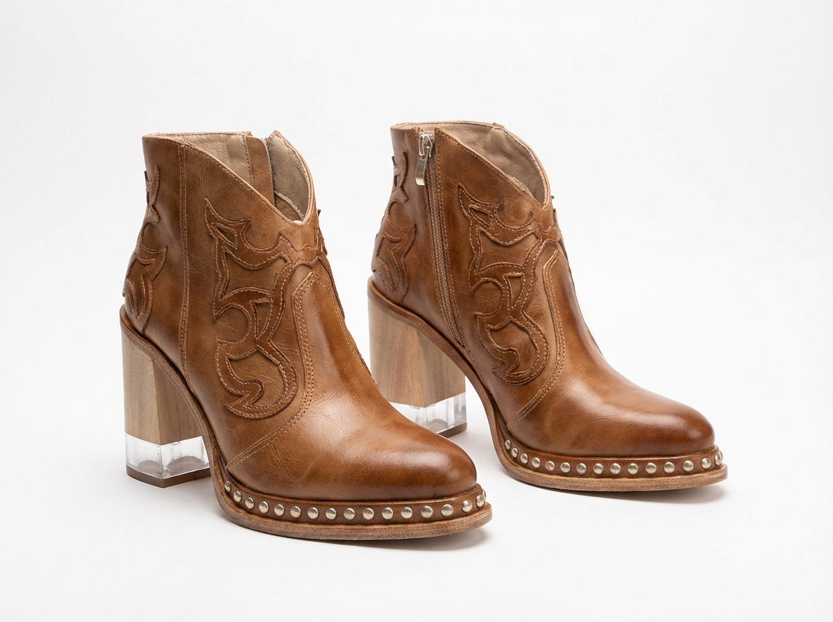 Santiag basse marron clair Simili Cuir Femme - Clous décoratifs