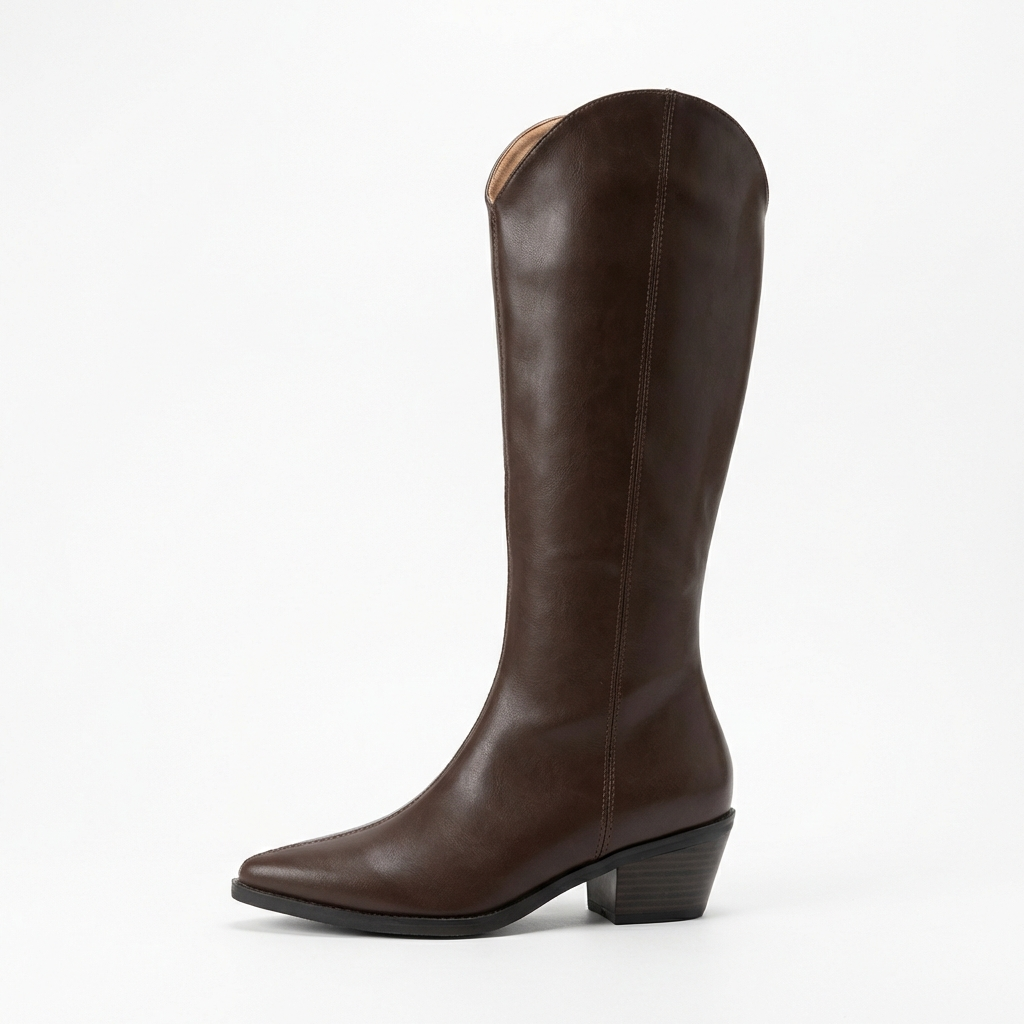 Santiag mi-haute marron Simili Cuir Femme - Bout pointu, talon carré