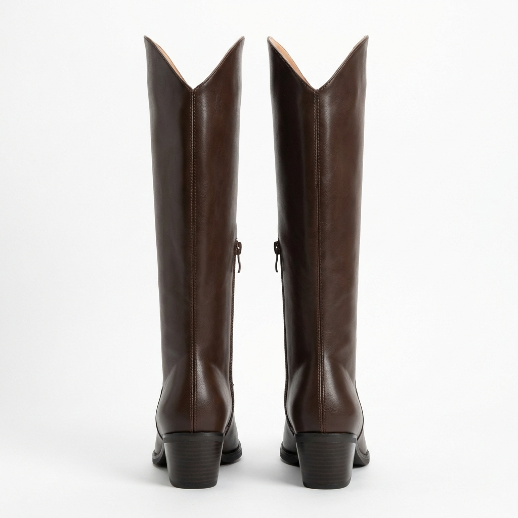 Santiag mi-haute marron Simili Cuir Femme - Bout pointu, talon carré