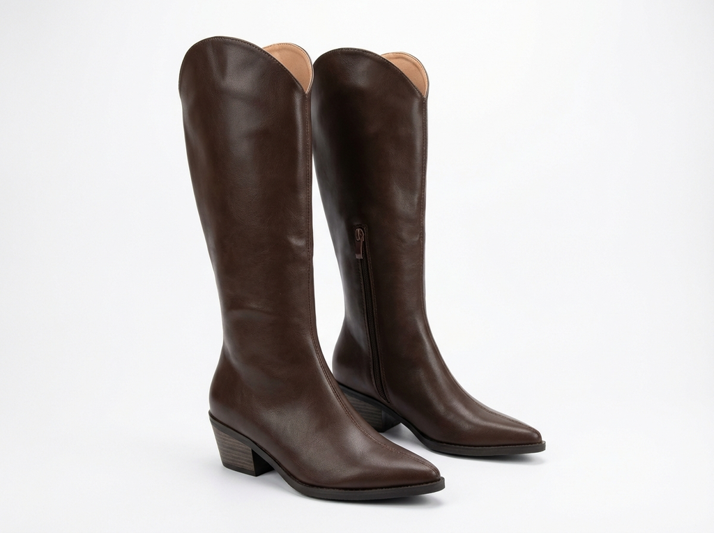 Santiag mi-haute marron Simili Cuir Femme - Bout pointu, talon carré