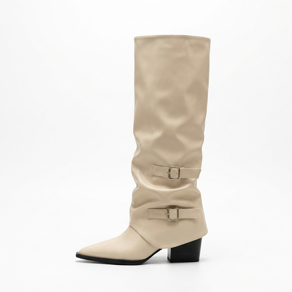 Santiag haute beige Simili Cuir Femme - Boucles latérales