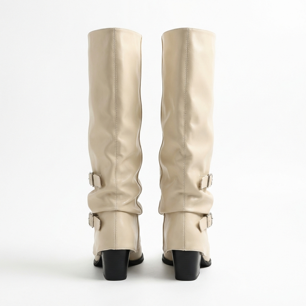 Santiag haute beige Simili Cuir Femme - Boucles latérales