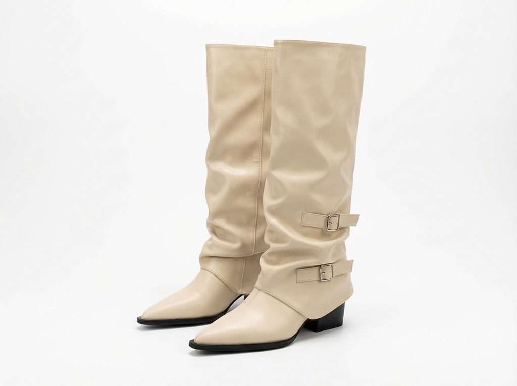 Santiag haute beige Simili Cuir Femme - Boucles latérales