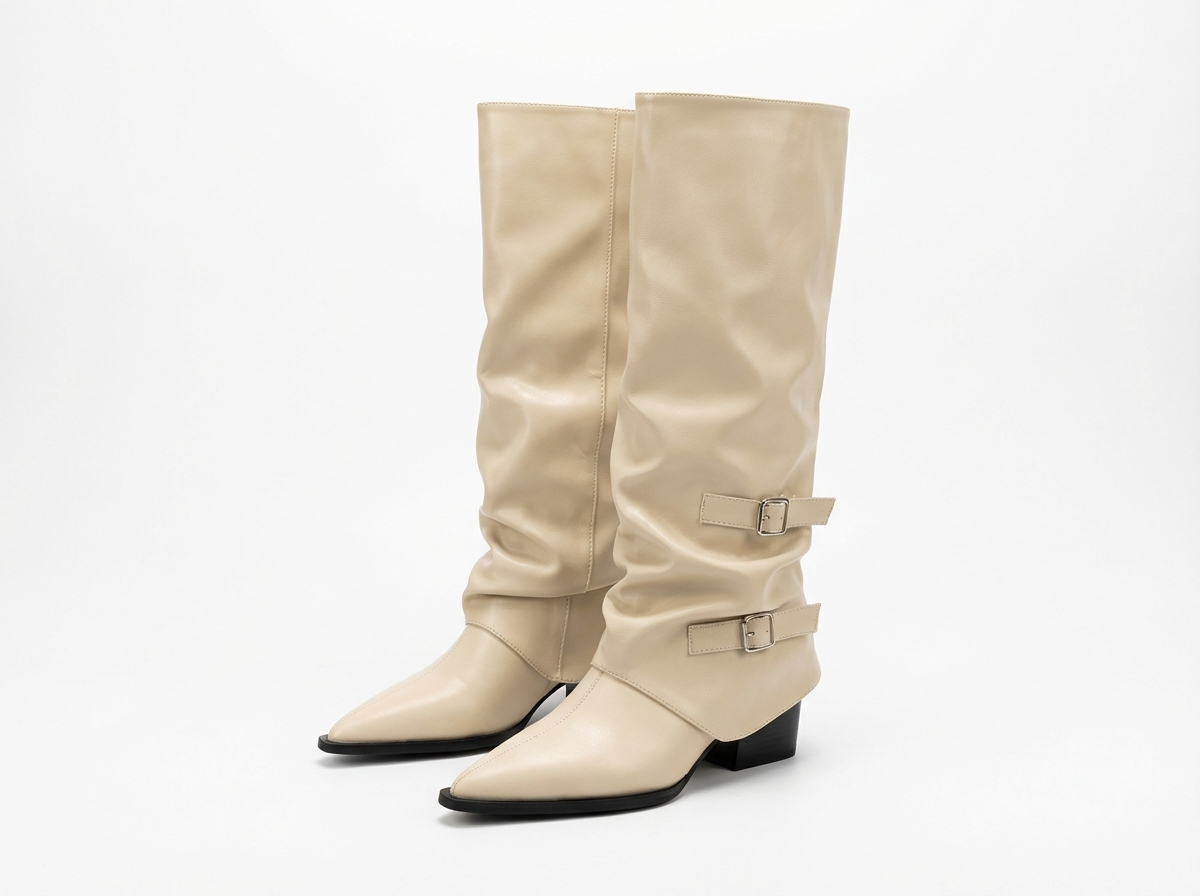 Santiag haute beige Simili Cuir Femme - Boucles latérales