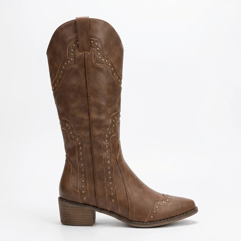 Santiag haute marron Simili Cuir Femme - Bout pointu, clous métalliques