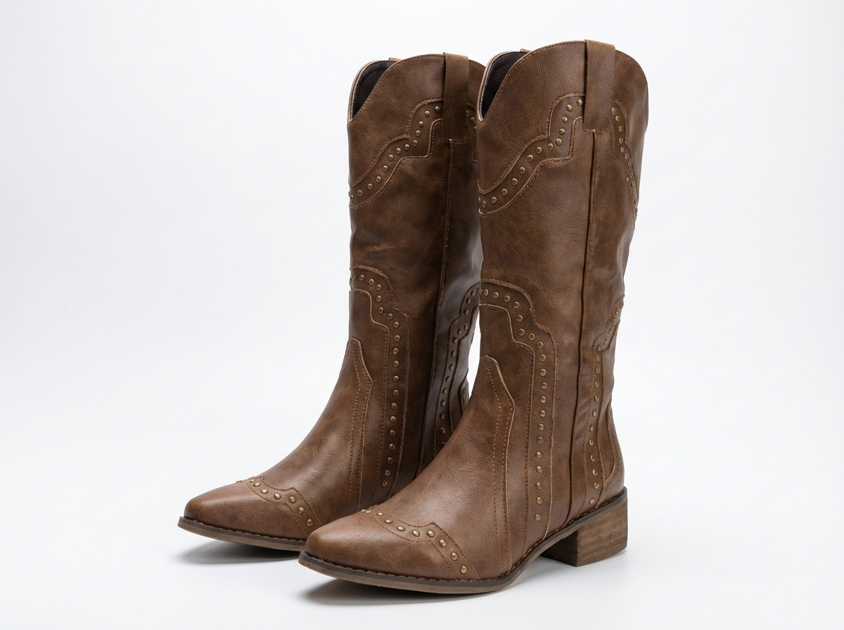 Santiag haute marron Simili Cuir Femme - Bout pointu, clous métalliques