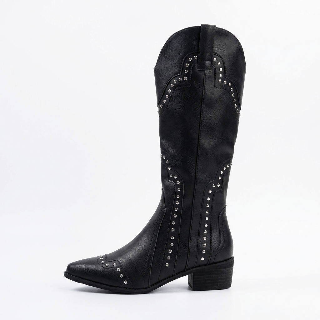 Santiag haute noir Simili Cuir Femme - Clous, coutures western