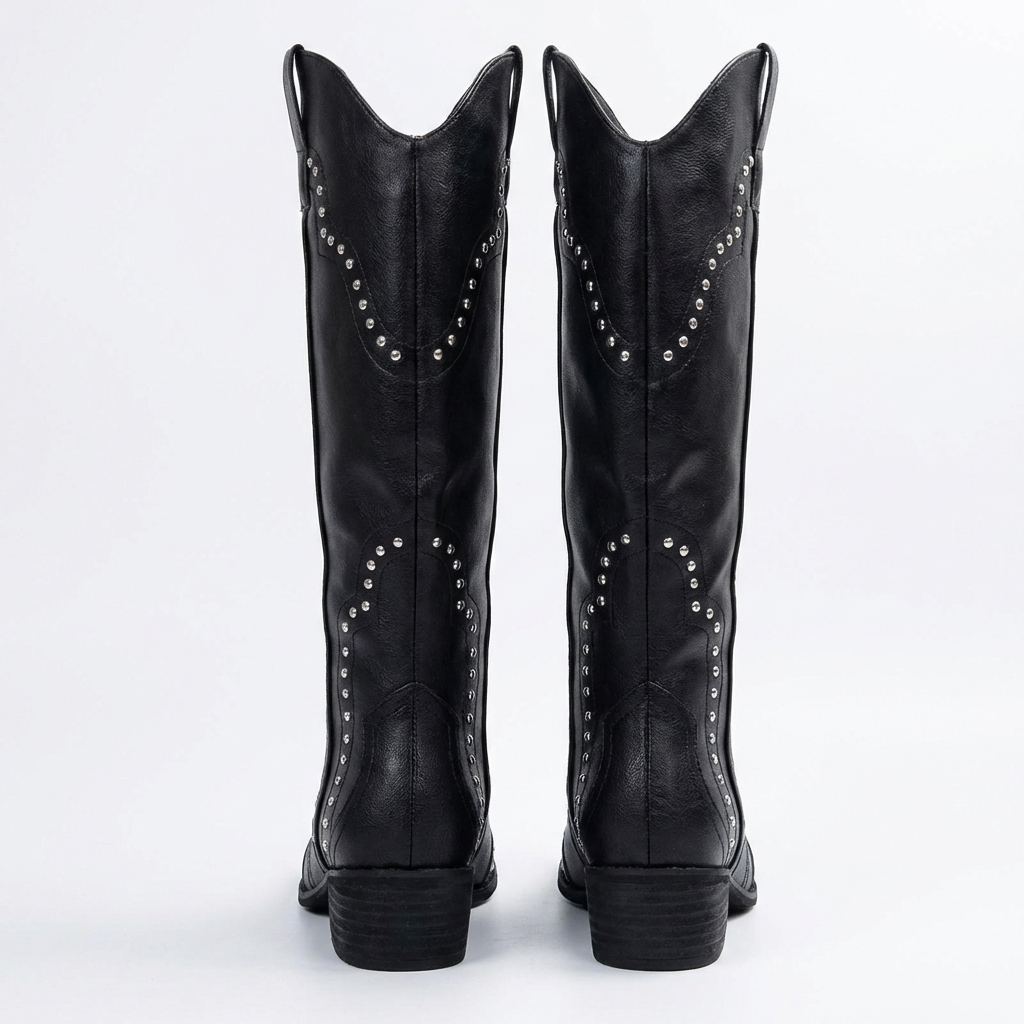 Santiag haute noir Simili Cuir Femme - Clous, coutures western
