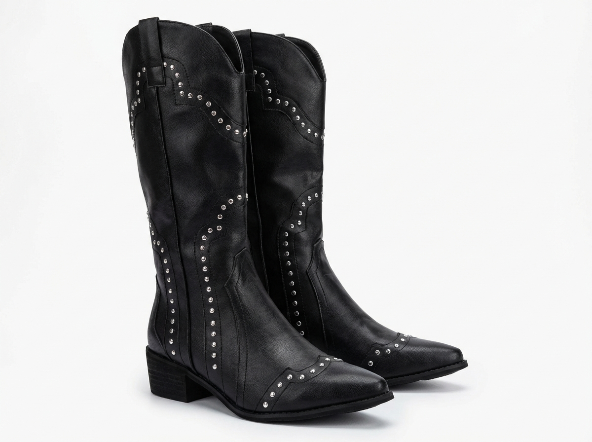 Santiag haute noir Simili Cuir Femme - Clous, coutures western