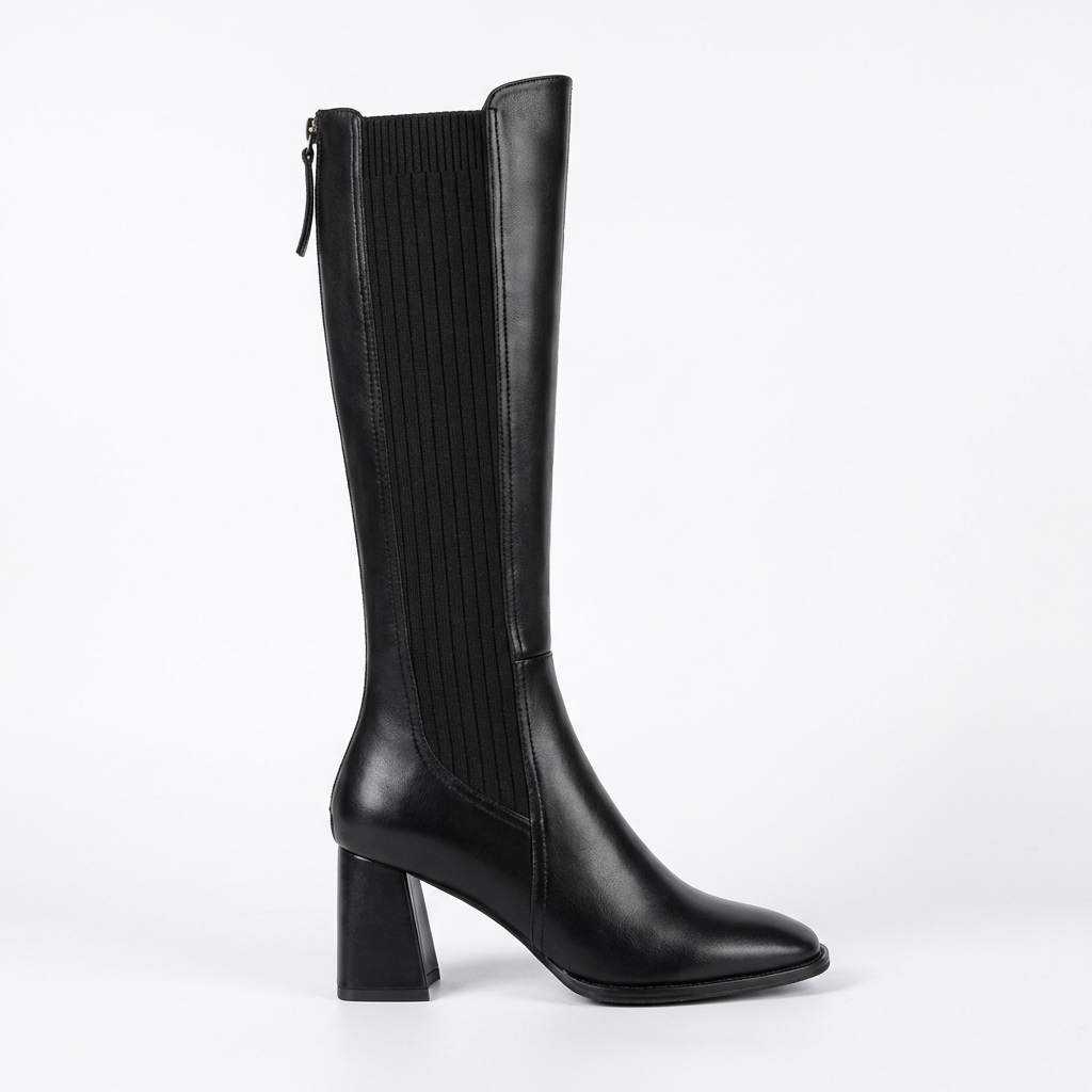Botte haute noir Simili Cuir Femme - Style cowboy, talon carré