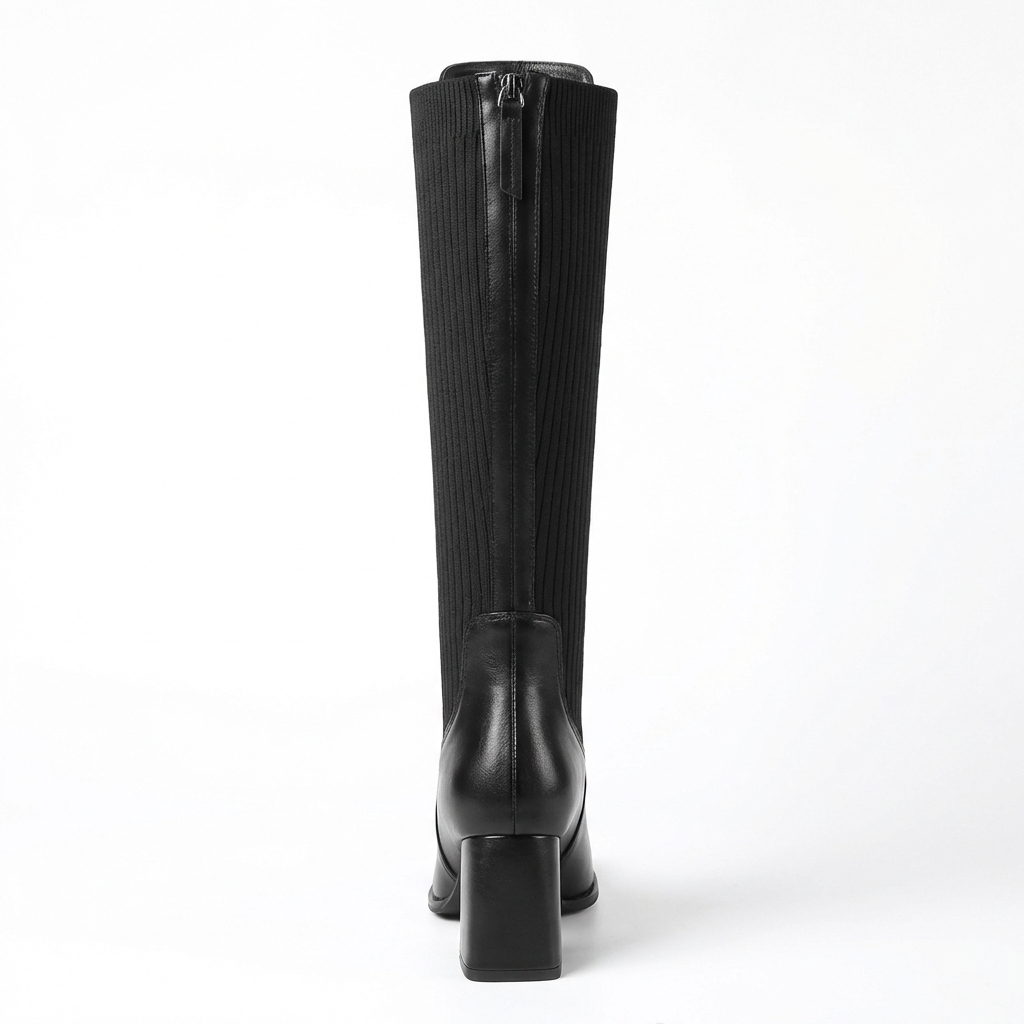 Botte haute noir Simili Cuir Femme - Style cowboy, talon carré