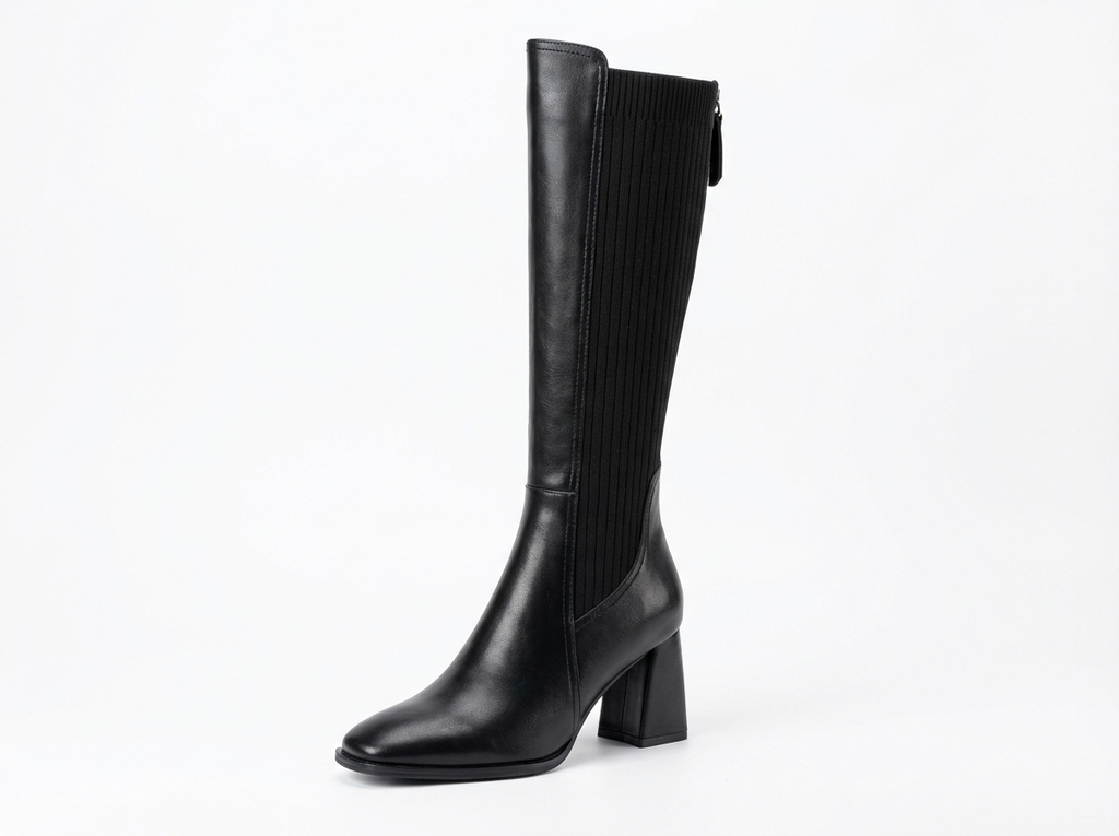 Botte haute noir Simili Cuir Femme - Style cowboy, talon carré