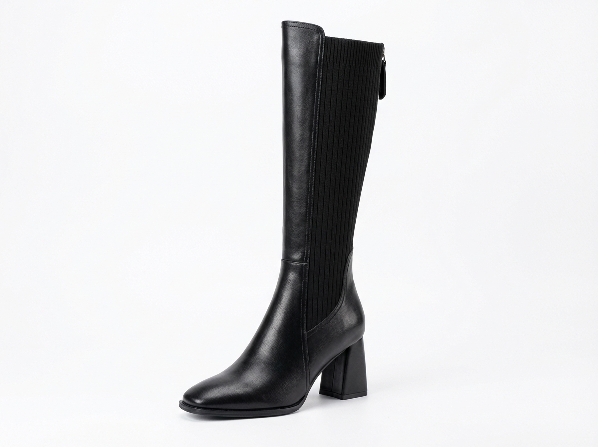 Botte haute noir Simili Cuir Femme - Style cowboy, talon carré