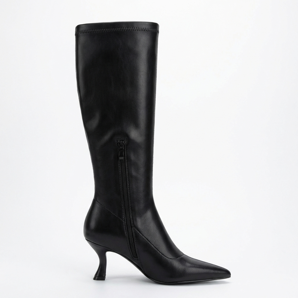 Botte haute noir Simili Cuir Femme - Talon sablier, tige ajustée
