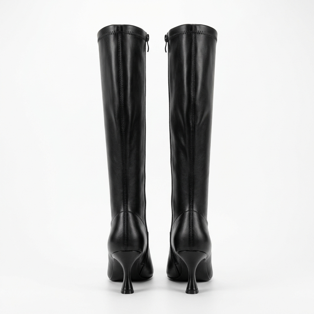 Botte haute noir Simili Cuir Femme - Talon sablier, tige ajustée