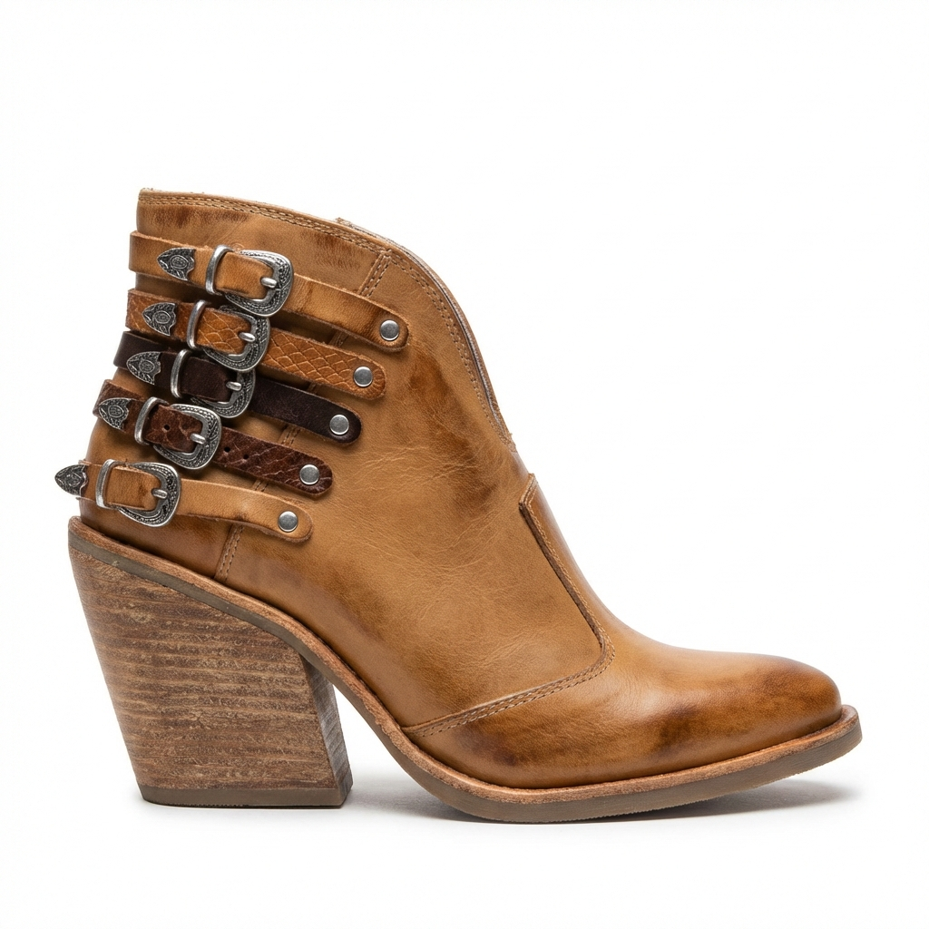 Santiag basse camel Cuir Femme - Boucles métalliques