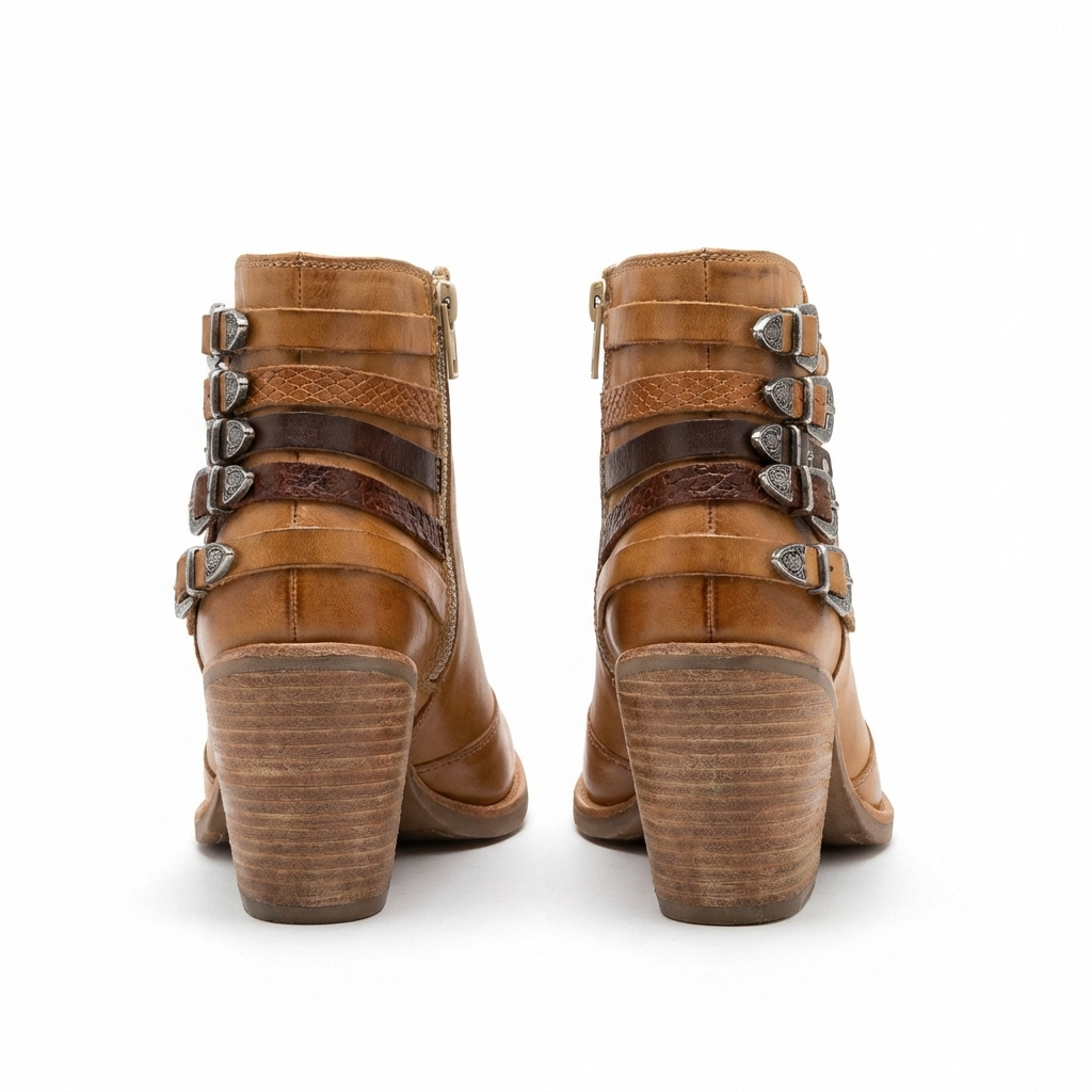 Santiag basse camel Cuir Femme - Boucles métalliques