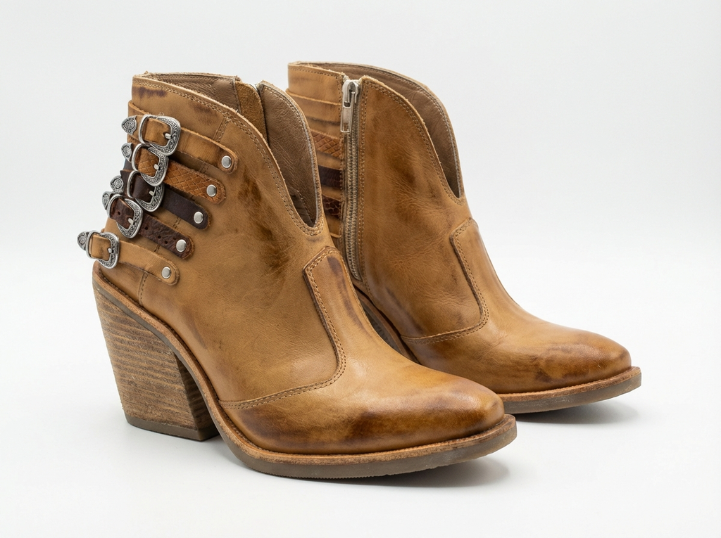 Santiag basse camel Cuir Femme - Boucles métalliques