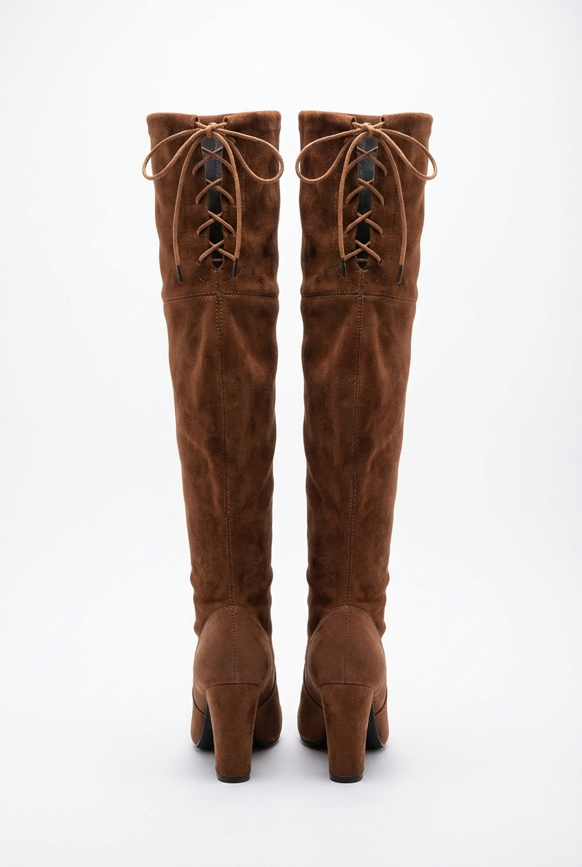 Botte haute marron Daim Synthétique Femme - Lacets arrière
