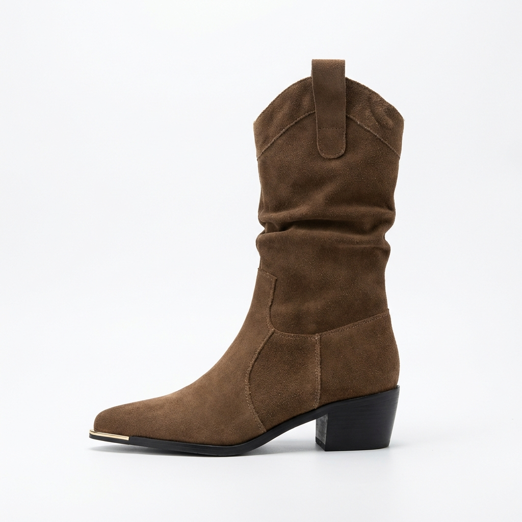 Santiag mi-haute marron Daim Synthétique Femme - Bout pointu, embout métal
