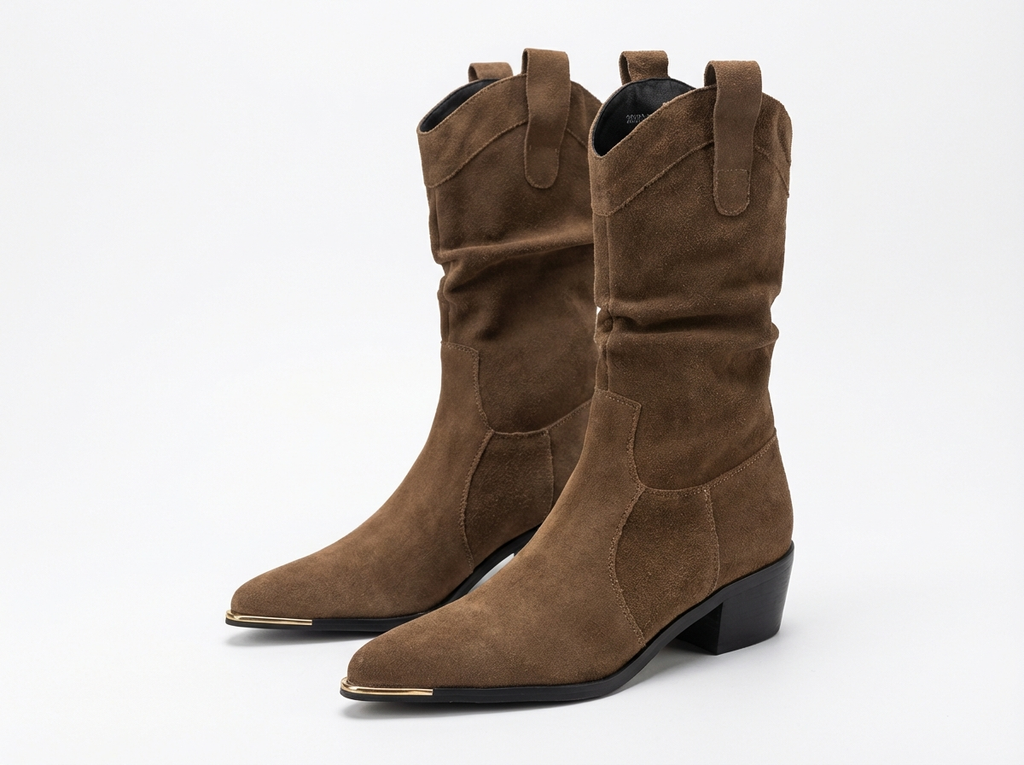 Santiag mi-haute marron Daim Synthétique Femme - Bout pointu, embout métal