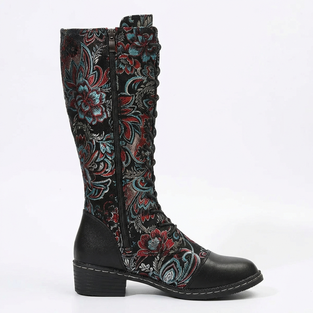 Botte haute multicolore Simili Cuir Femme - Broderies florales