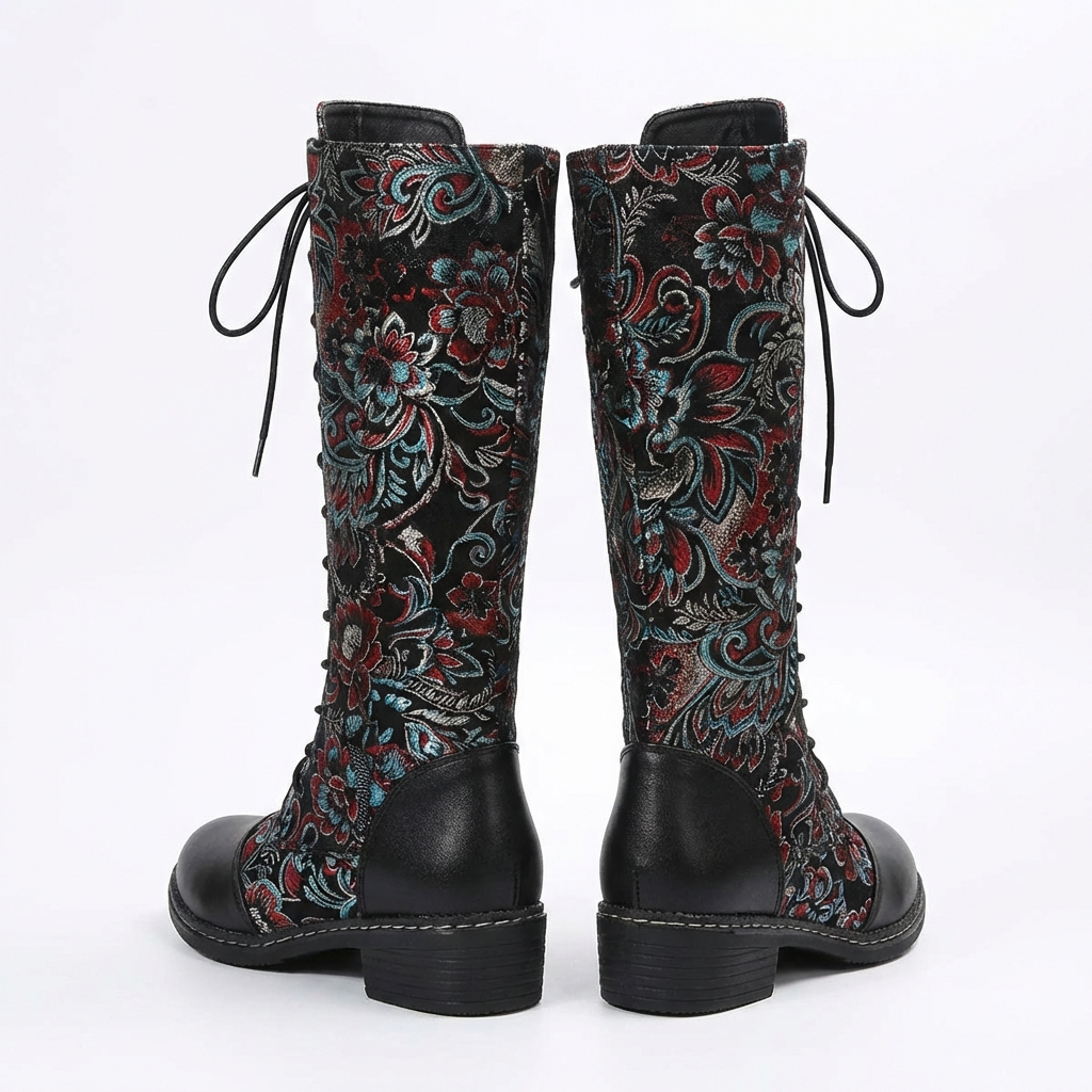 Botte haute multicolore Simili Cuir Femme - Broderies florales