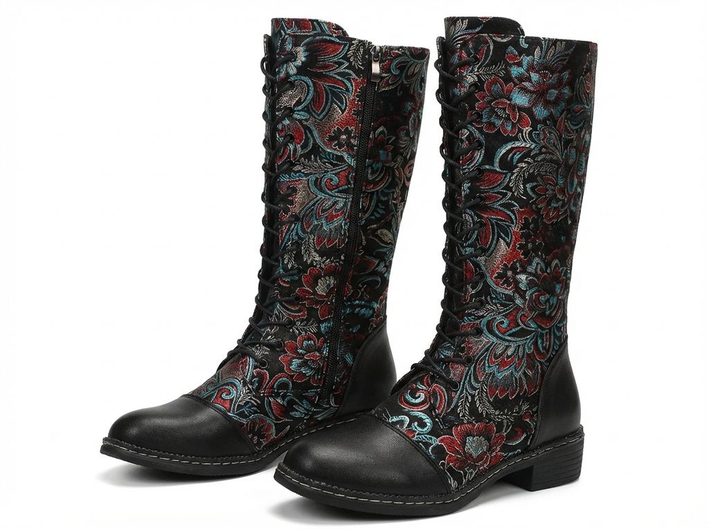 Botte haute multicolore Simili Cuir Femme - Broderies florales