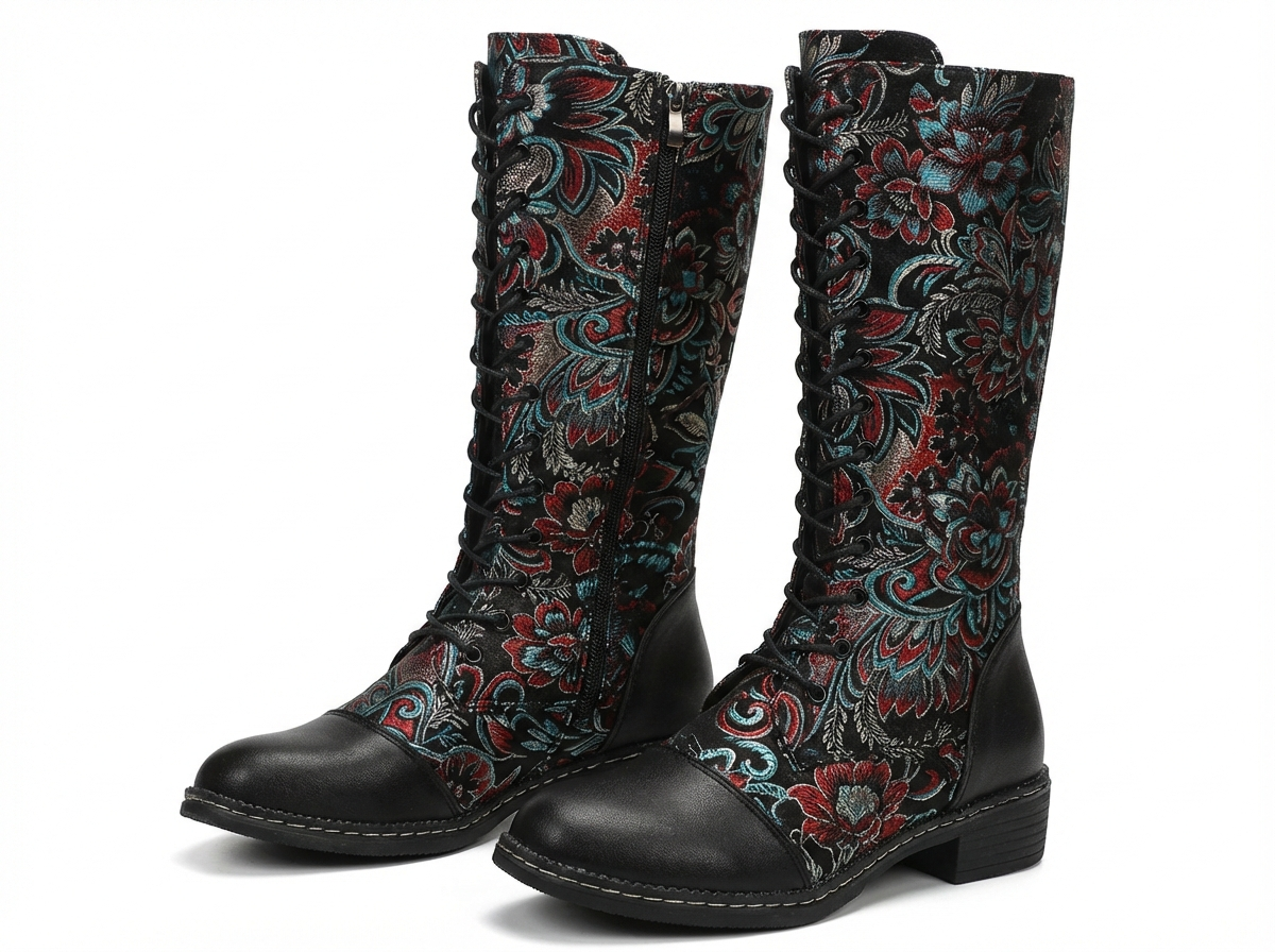 Botte haute multicolore Simili Cuir Femme - Broderies florales