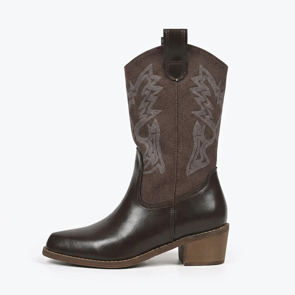 Santiag mi-haute marron Simili Cuir Femme - Broderies western, talon carré