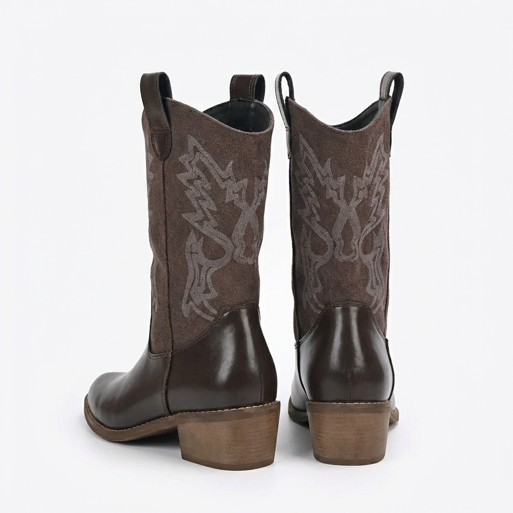 Santiag mi-haute marron Simili Cuir Femme - Broderies western, talon carré