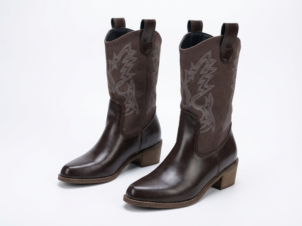 Santiag mi-haute marron Simili Cuir Femme - Broderies western, talon carré