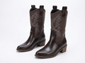 Santiag mi-haute marron Simili Cuir Femme - Broderies western, talon carré