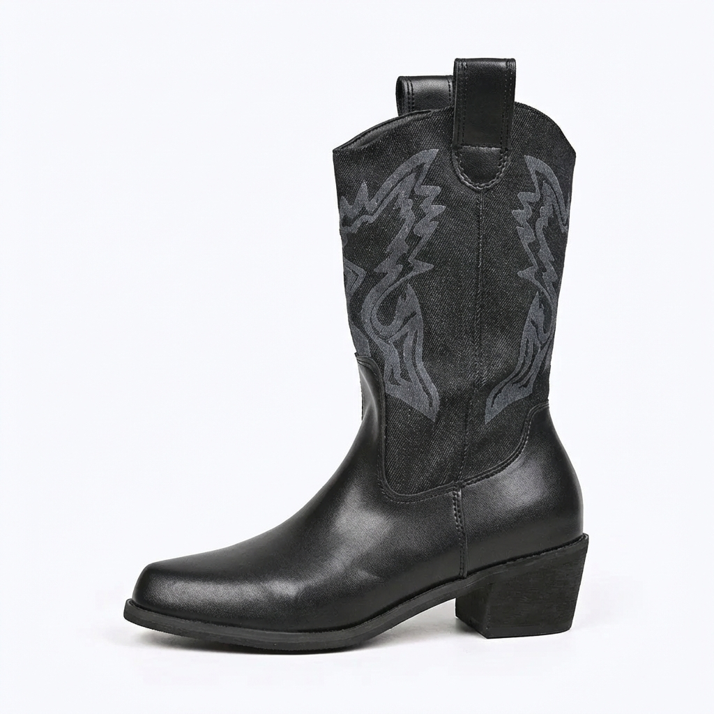 Santiag mi-haute noir Simili Cuir Femme - Broderies, talon carré