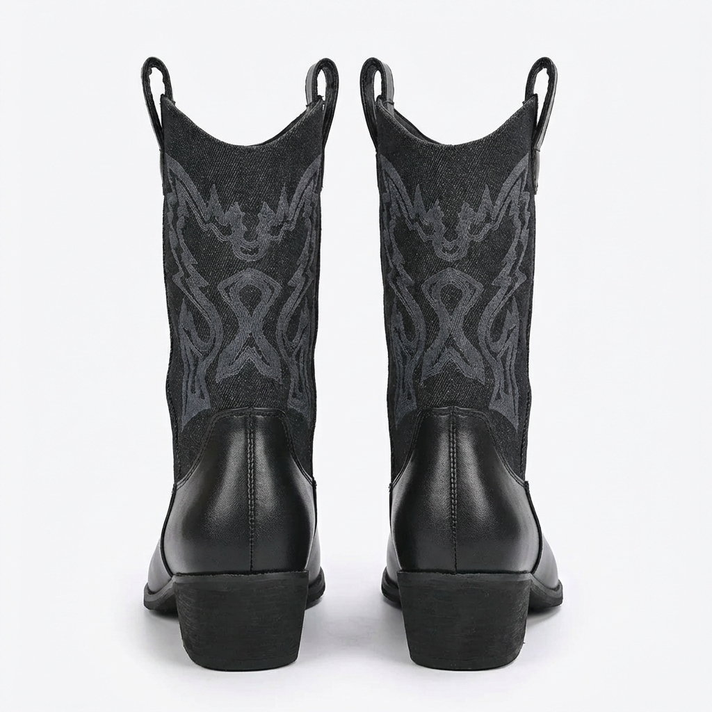 Santiag mi-haute noir Simili Cuir Femme - Broderies, talon carré
