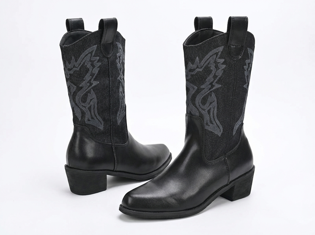 Santiag mi-haute noir Simili Cuir Femme - Broderies, talon carré