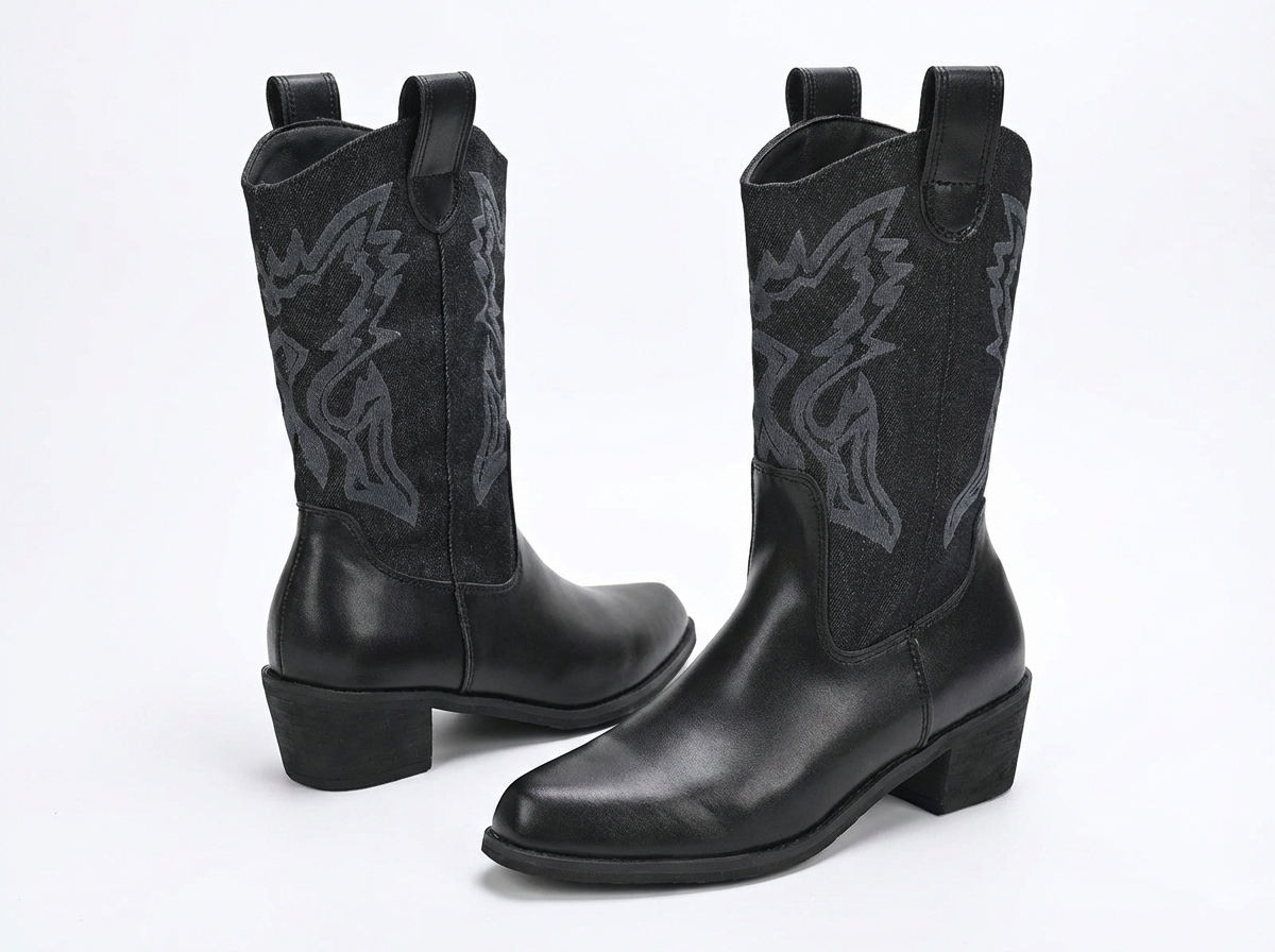 Santiag mi-haute noir Simili Cuir Femme - Broderies, talon carré