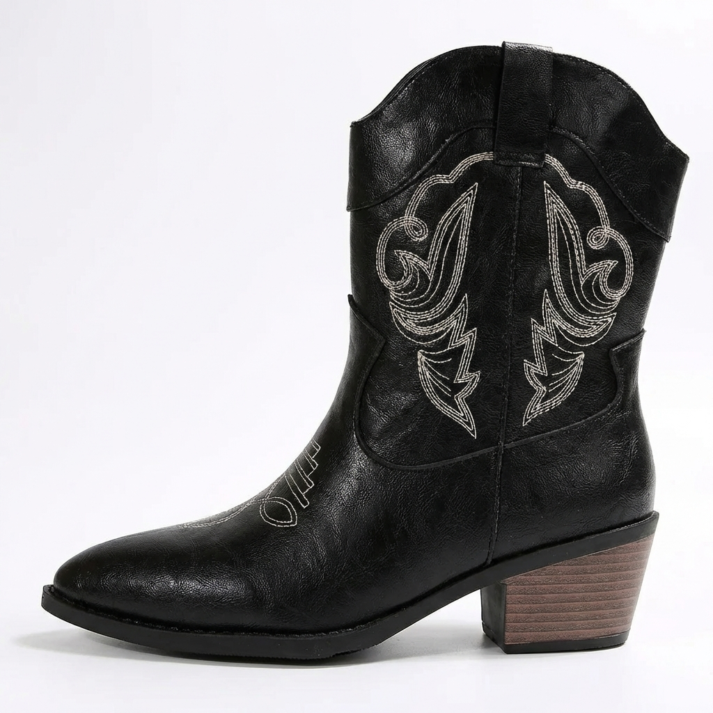 Santiag mi-haute noir Simili Cuir Femme - Broderies, talon cubain