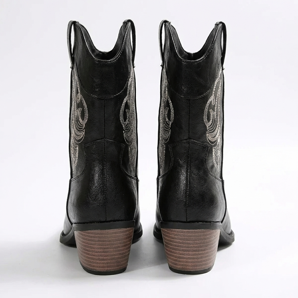 Santiag mi-haute noir Simili Cuir Femme - Broderies, talon cubain