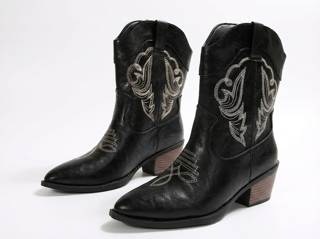 Santiag mi-haute noir Simili Cuir Femme - Broderies, talon cubain