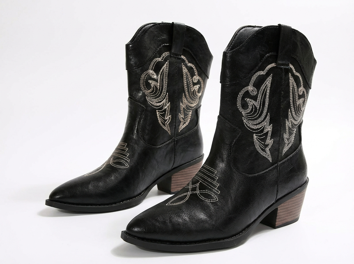 Santiag mi-haute noir Simili Cuir Femme - Broderies, talon cubain