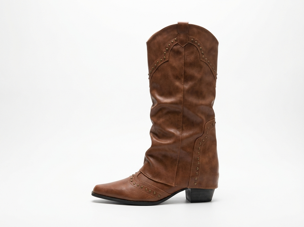 Santiag haute marron Simili Cuir Femme - Clous, style cowboy