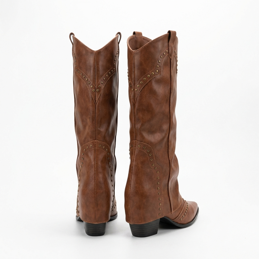 Santiag haute marron Simili Cuir Femme - Clous, style cowboy