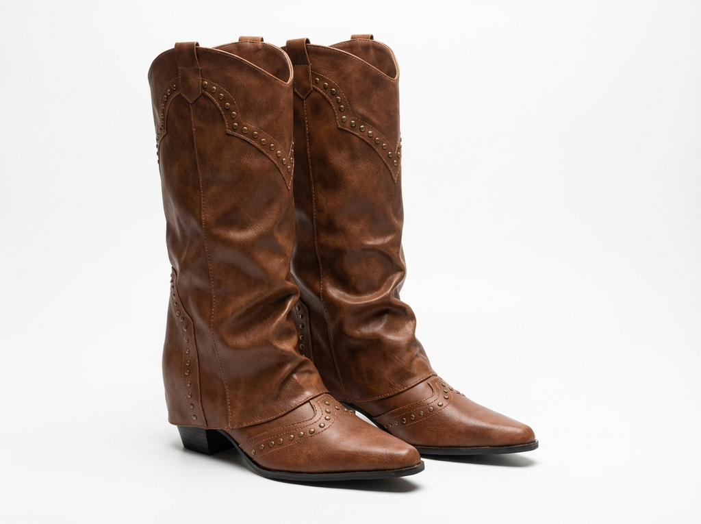 Santiag haute marron Simili Cuir Femme - Clous, style cowboy