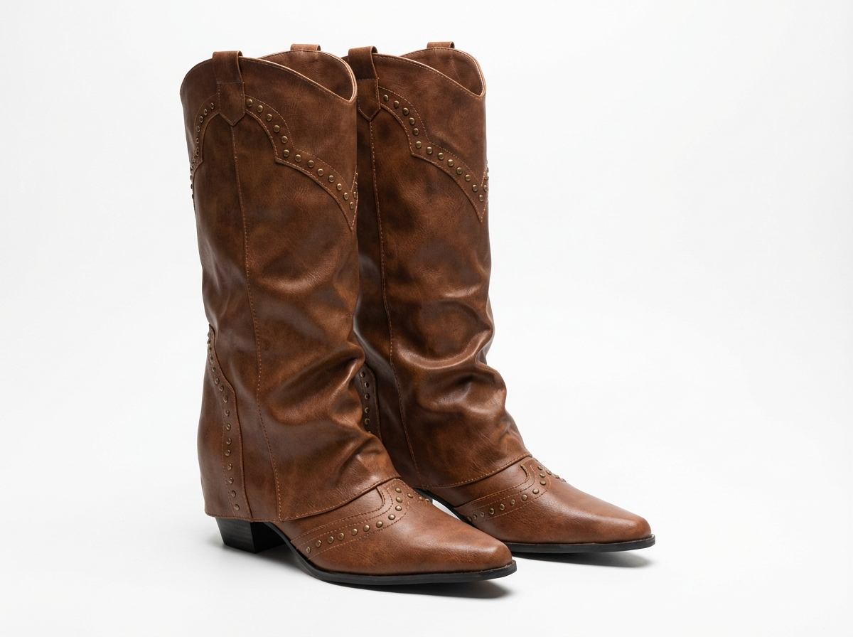 Santiag haute marron Simili Cuir Femme - Clous, style cowboy