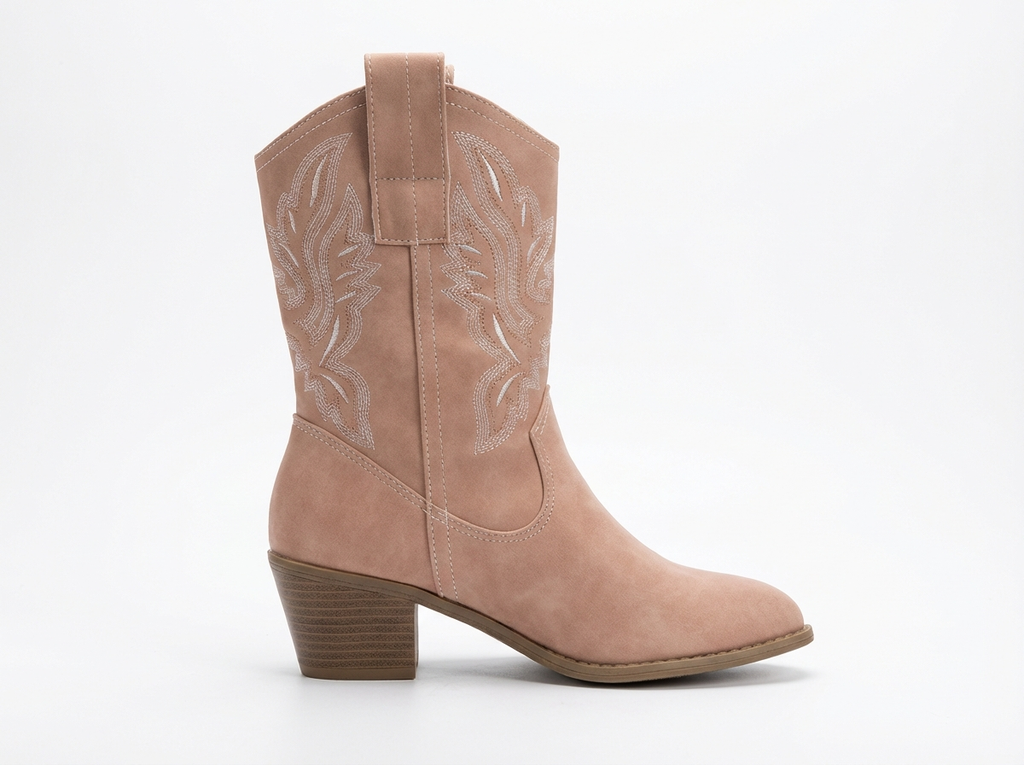 Santiag mi-haute beige Simili Cuir Femme - Broderies florales