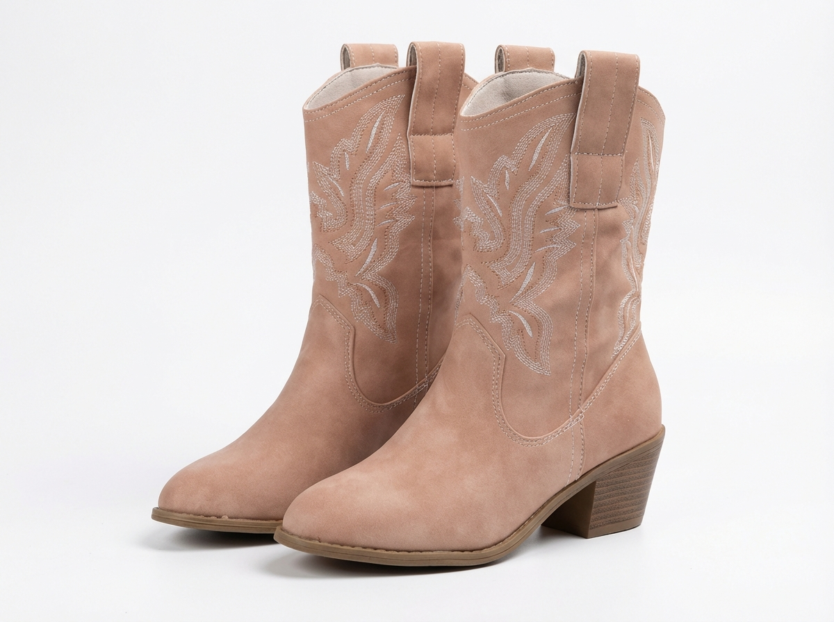 Santiag mi-haute beige Simili Cuir Femme - Broderies florales